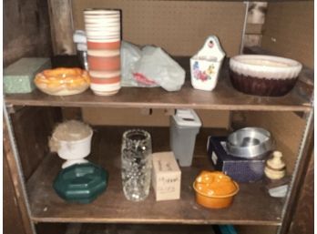 Laundry Room Shelf Incl Copper Candy Making Bucket & Thermometer & Misc Shelf Content Incl Covered Rabbit Dish