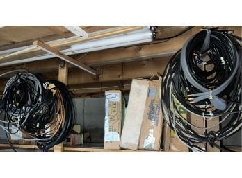 Box Of Tv Cable, Etc, 2 Clumps Of Wire Hung On Beams And 4 Boxes Of Various Cable Wires