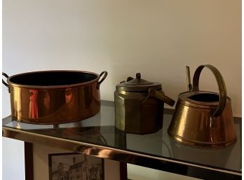2 Brass Teapots And An Oval Copper Pot