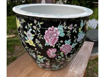Vintage Large Chinese Porcelain Enamel Black Famille Rose Koi Fish Bowl Planter
