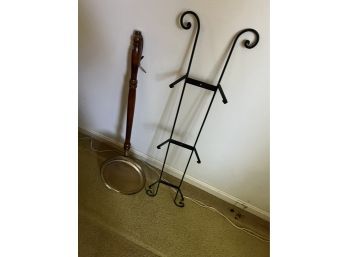 Small Brass Chestnut Roaster Together With A Hanging Plate Rack