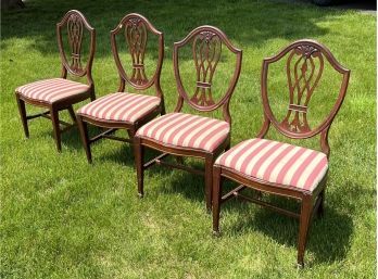 4 Custom Mahogany Shield Back Side Chairs With Striped Upholstery
