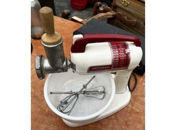 Vintage Universal Brand Mixer With Meat Grinder Attachment And Rotating Milk Glass Bowl, 10 Speeds