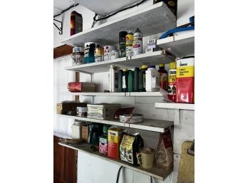 Assorted Garden Chemicals, Lubricants, And Remaining Contents On Shelf