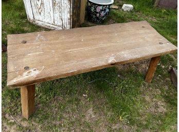 Pine 4' Long Bench Or Coffee Table With Visibly Through Dowel Where Legs Are Mounted