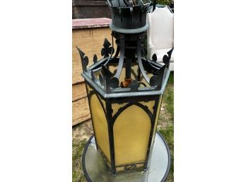 Gothic Style Hanging Lantern Light Fixture With 5 Sides And Fleur De Lis Decoration, App. 3' Tall