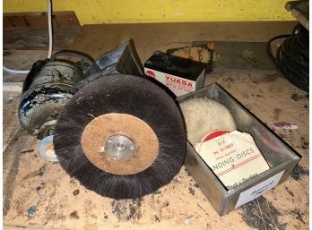 Chicago Electric Drill Bit Sharpener, Motor With Polishing Brushes And A Box Of Hole Cutting Saws & Mandrels