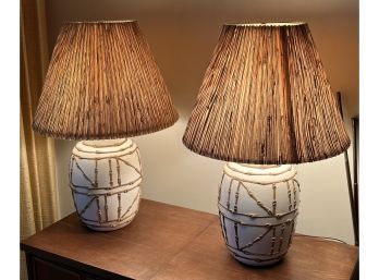 Pair Of MCM Ceramic Chinese Bamboo Lamp Base With Unusual Matching Shades