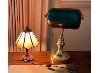 Lot Of 2 Lamps Incl Student Lamp With Green Glass Shade And A Small Panel Glass Boudoir Lamp