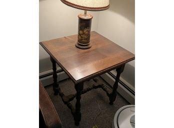 App. 2' Square Oak Lamp Table With Turned Legs With Cross Stretcher With A N Appropriate Table Lamp W/shade