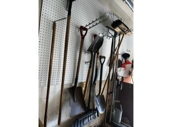 Lot Of Garden Tools, Broms, Shovel Along With About 1/5 Cord Of Of Stacked Wood