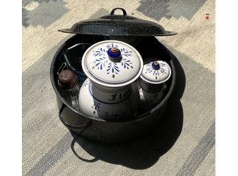 Black Enamel Lobster Steamer Pot Along With 3 Delft Design Covered Jars, Nutmeg Grinder & Measuring Cup
