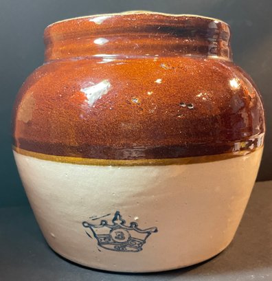 Vintage Robinson Ransbottom Pottery Blue Crown #3 Single Handle Bean Pot Crock With Lid