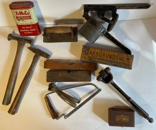 Lot Of Vintage Tools - 12 Tools - Hammers, Levels, Sharpening Stone, Ricer, Drill Bits, Saw Etc