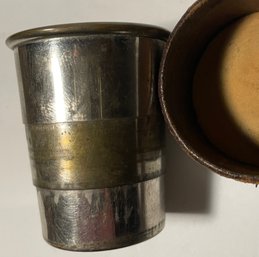 Old Vintage Military Pocket Size Collapsible Folding Metal Cup With Leather Case