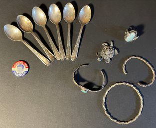 'Junk Drawer' Lot With Jewelry, Set Of 6 Silver Plate Fairfield Demitasse Spoons Etc.