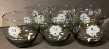 Vintage Early 1970s Set Of 6 NFL Smoked Glass New York Giants Football Roly Poly Low Ball Glasses