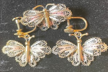 Antique Silver Butterfly Filigree Earrings & Brooch Set - 800 Silver Italy