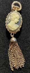 Vintage Gold Tone Carved Victorian Cameo Tassel Necklace Pendant - 3.5'