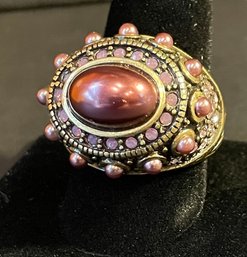 Heidi Daus Statement Ring Purple Crystal & Faux Pearl Ring Size 11