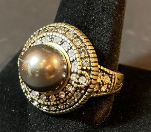 Heidi Daus Gold Tone Cocktail Ring Crystal & Faux Golden Pearl Fashion Ring Size 12