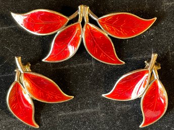 David Andersen D-A Norway 925 Sterling Silver Red Enamel Leaf Brooch W/ Clip Earrings Set