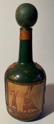 Vintage Leather Wrapped 13' Glass Bottle Decanter With Ship Scene - Made In Italy