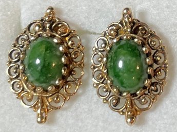 14k Gold Jade Jadeite Filligree Earrings