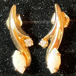 14k PPC Gold With White Opal And Untested Clear Stone Earrings