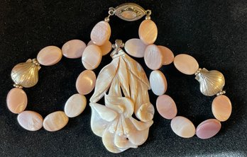 Ornate Vintage Sterling Silver Shell Adorned Carved Shell Necklace Marked 925 With Gemstone See Pictures