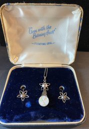 Mid-Century Sterling Floating Opal Earring & Necklace Set