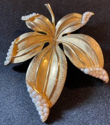 Vintage Signed Crown Trifari Floral Simulated Pearl Leaf Brooch Pin Mid-Century Gold Tone 3'