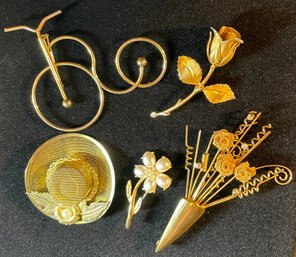 Jewelry Grab Bag - 5 Gold Tone Brooches / Pins