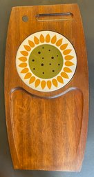 Vintage Mid Century Wood And Sunflower Porcelain Cheese Board - Made In Japan