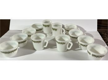 Pyrex 12 Piece Coffee Tea Cup & Mug Set - Spring Blossom Crazy Daisy Milk Glass