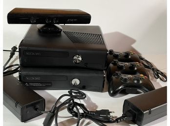 (2) XBOX 360 Console Lot With Power Bricks, 3 Controllers, Kinect Sensor Unit