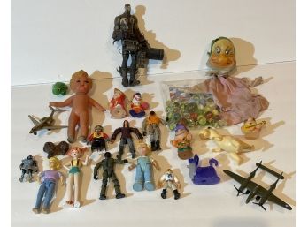 Junk Draw Toy Lot Of Mixed Vintage Figures And Toys- GI Joe? Marbles, Disney More...