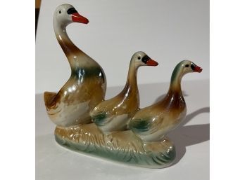 Three Ducks Figurine Mama And Babies Lusterware Made In Brazil