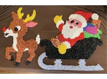 Santa Claus & Rudolph Red Nose Reindeer 'Melted Popcorn' Decor 1970s