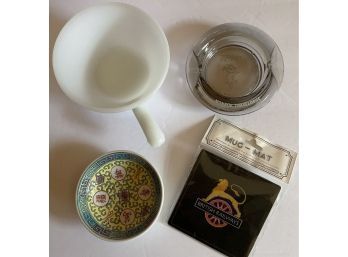 4 Item Lot - Milk Glass Bowl, Asian Dipping Bowl, Travel Lodge Ash Tray, British Railways Mug Pad