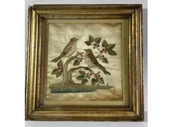 19c. Framed Emboidery On Silk - Birds & Berries  Mid/Late 1800's  See!