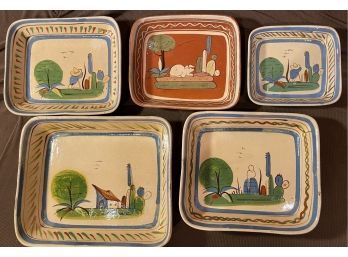 Mexican Tlaquepaque Folk Art Clay Hand-Painted Casserole Nesting Set Of 5