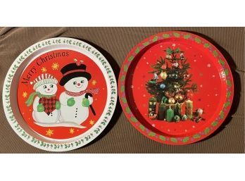 2 Vintage Christmas Trays - Mr. & Mrs. Snowman And Tree With Presents - Hong Kong 13'