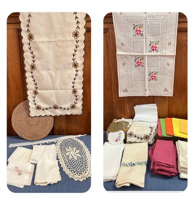 Table Runner, Cloth Napkins, Lacey Coasters And Doilies