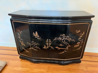 Oriental Buffet In Black Lacquer With Hand Painted Landscape