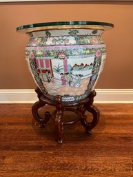 CHINESE PORCELAIN FISH BOWL With Rose Medallion-Style Decoration. Includes Glass Top And Wood Stand
