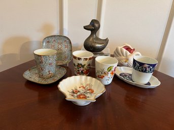 Limoges Cups, Trinket Trays, Shells, And Leonard Silver Plate Duck