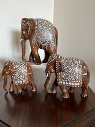 3-Pearl Inlay Wood Elephants