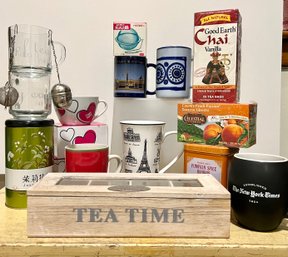 Tea Time: Mugs, Tea Tins, Unopened Tea, Tea Holder, And Tea Strainer
