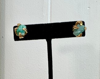 Raw Emerald Earrings In A Gold Tone Setting